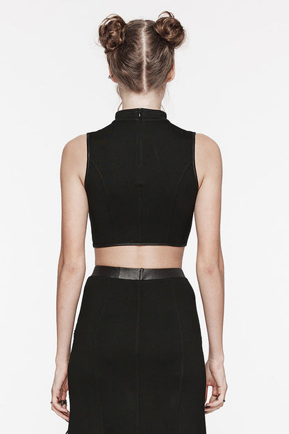 Women's Black Punk Tank Top, Lace-Up with Ripped Details and High Collar