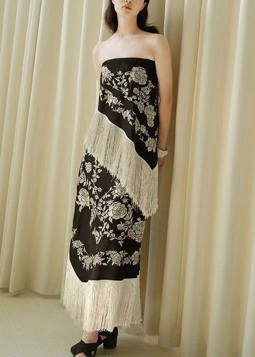 Black High Sleeveless Tasseled Patchwork Waist Novelty Dresses