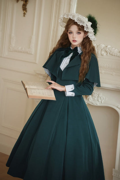 Emerald Donya Stand-Collar Long-Sleeve Gothic Bow OP Dress