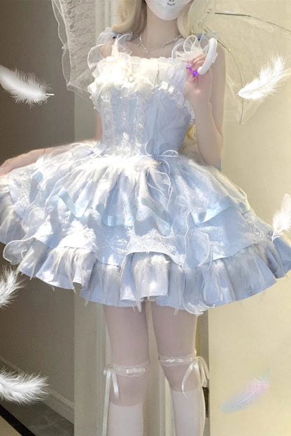 Ballet-Inspired Multi-Layer Ruffle JSK Dress with Bowknot in Three Hues - EtherealGrace