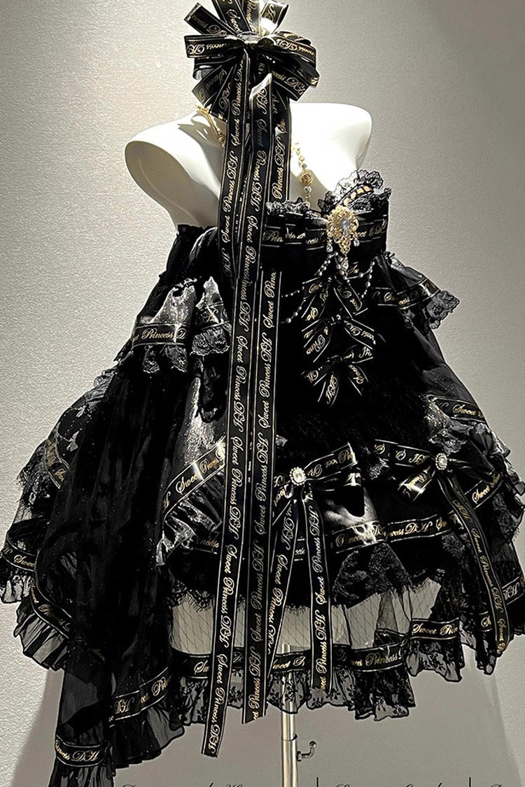 Ebony Sleeveless Tiered Bow Pearl Princess Gown - Golden Obsidian Night