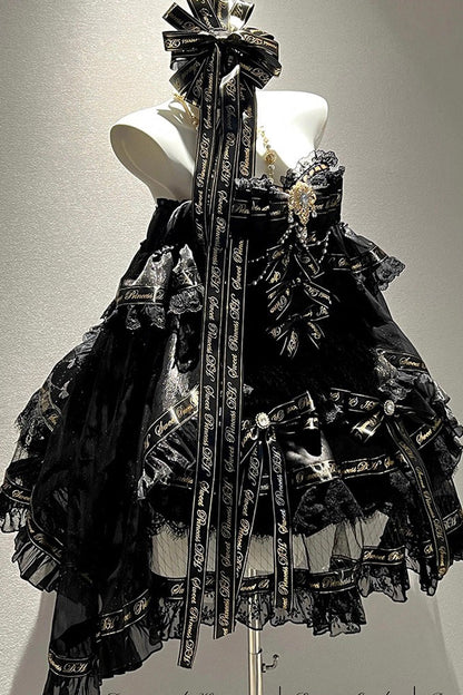 Ebony Sleeveless Tiered Bow Pearl Princess Gown - Golden Obsidian Night