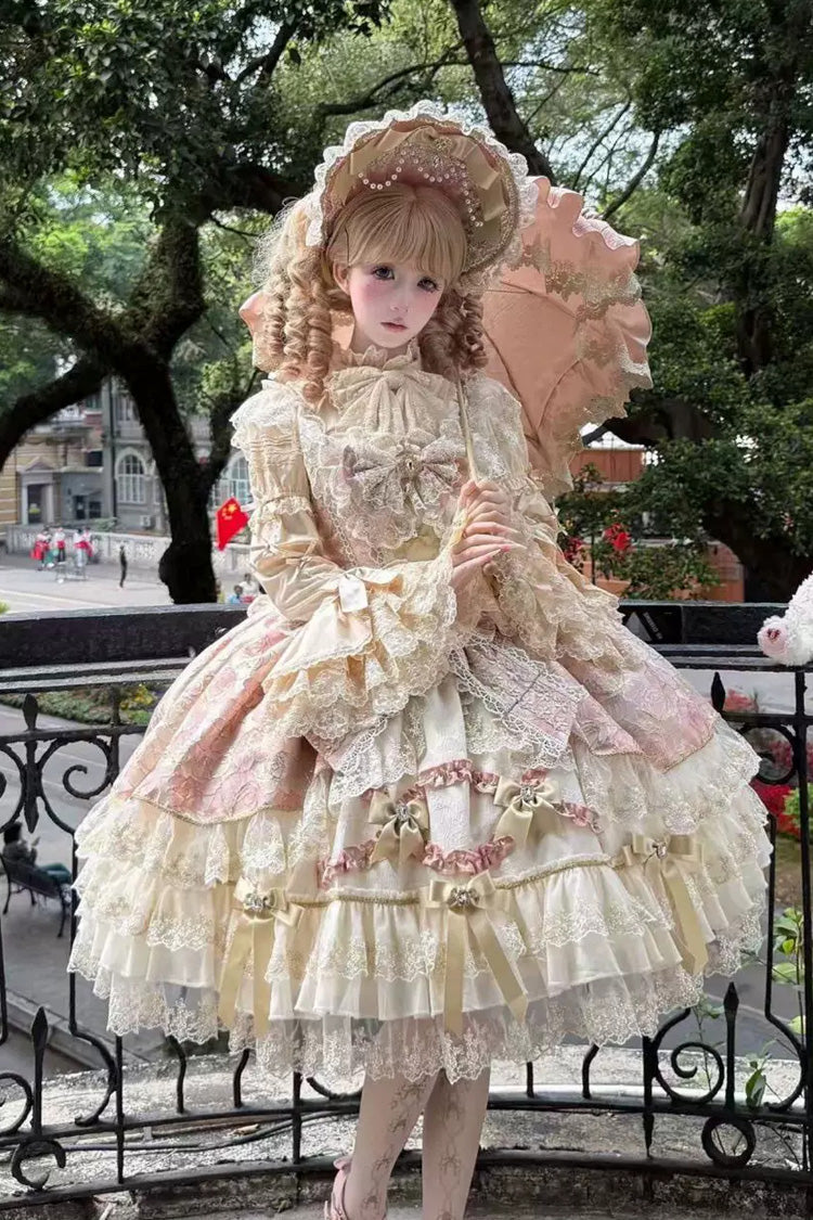 Blush Square Neck Sleeveless Printed Embroidered Ruffle Bow Gorgeous JSK - Gilded Waltz