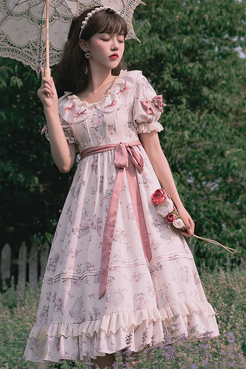 Sweet Lolita OP Gown with Flower Print, Round Collar & High Waist