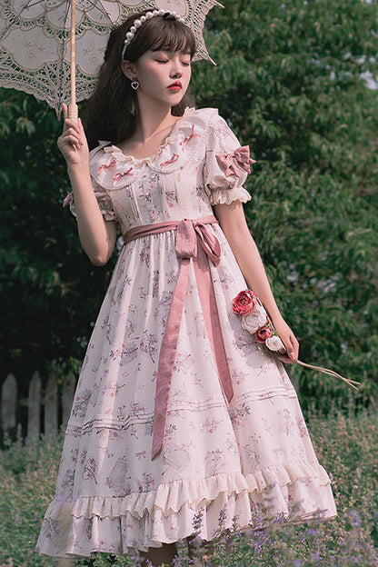 Sweet Lolita OP Gown with Flower Print, Round Collar & High Waist