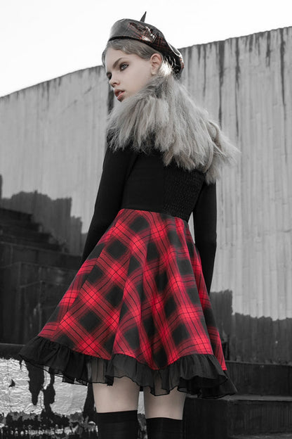 Crimson & Charcoal Tartan Ruffle Lace Punk Dress