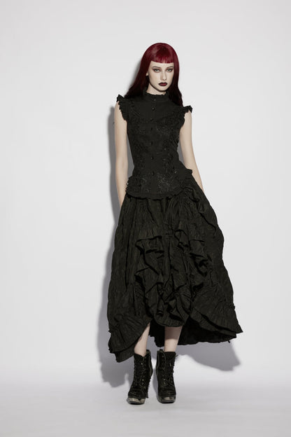Elegant Black Gothic Blouse for Women, Ruffled with Embroidery and Lace-Up