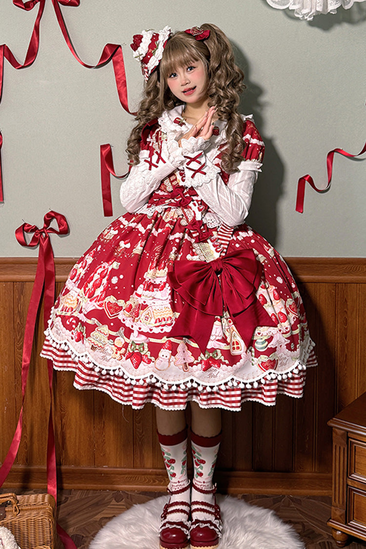 Doll Collar Short Sleeve Print Ruffle Bowknot Sweet Lolita Dress with Strawberry Dessert - 4 Colors