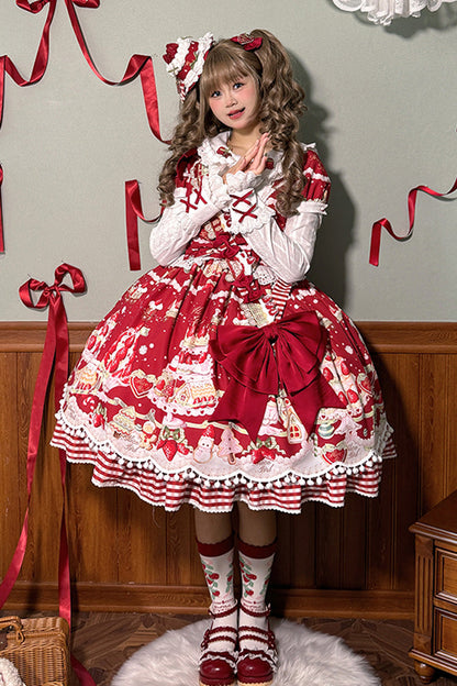 Doll Collar Short Sleeve Print Ruffle Bowknot Sweet Lolita Dress with Strawberry Dessert - 4 Colors