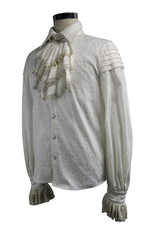 Gothic Men's Blouse with Embroidered Ruffled Sleeves & Jacquard Detail, Cream