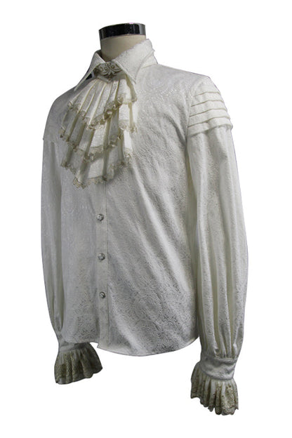 Gothic Men's Blouse with Embroidered Ruffled Sleeves & Jacquard Detail, Cream