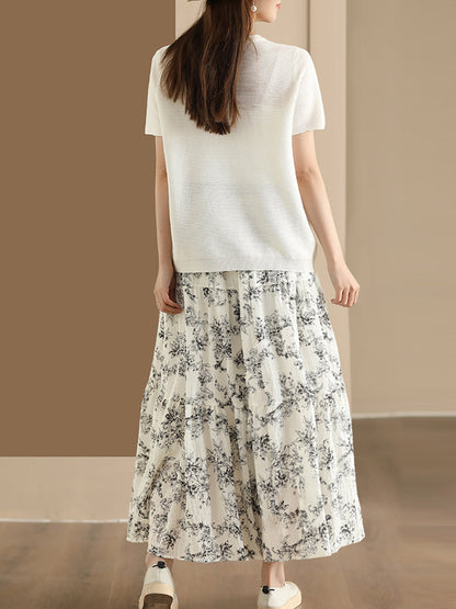 Women Summer Vintage Floral Cotton Loose Skirt BN1017