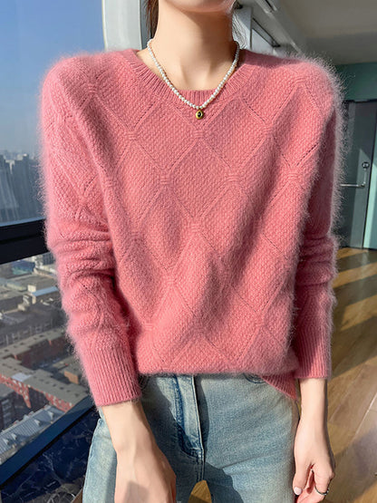 Women Autumn O-Neck Solid Rhomboids Wool Warm Knit Sweater AV1010