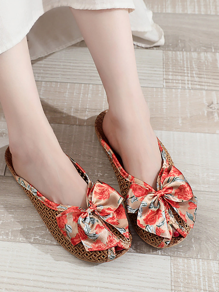 Bowknot Ethnic Weave Women Indoor Slippers Straw Flower