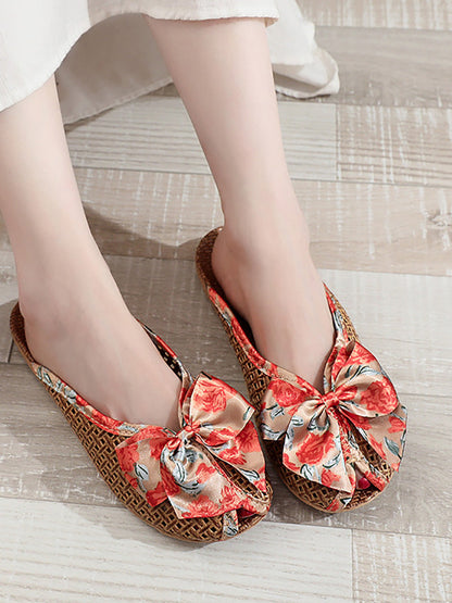 Bowknot Ethnic Weave Women Indoor Slippers Straw Flower