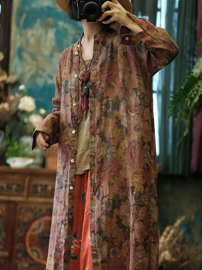 Floral Women Shirt Retro Long Vintage Ramie Button-up