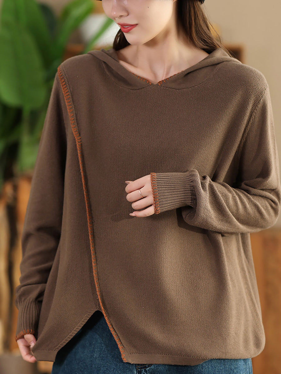 Women Autumn Casual Split Hem Knit Hooded Blouse AI1066