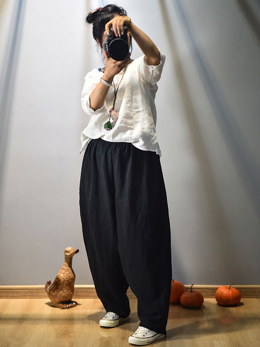 Women Vintage Spring Linen Solid Harem Pants FD040