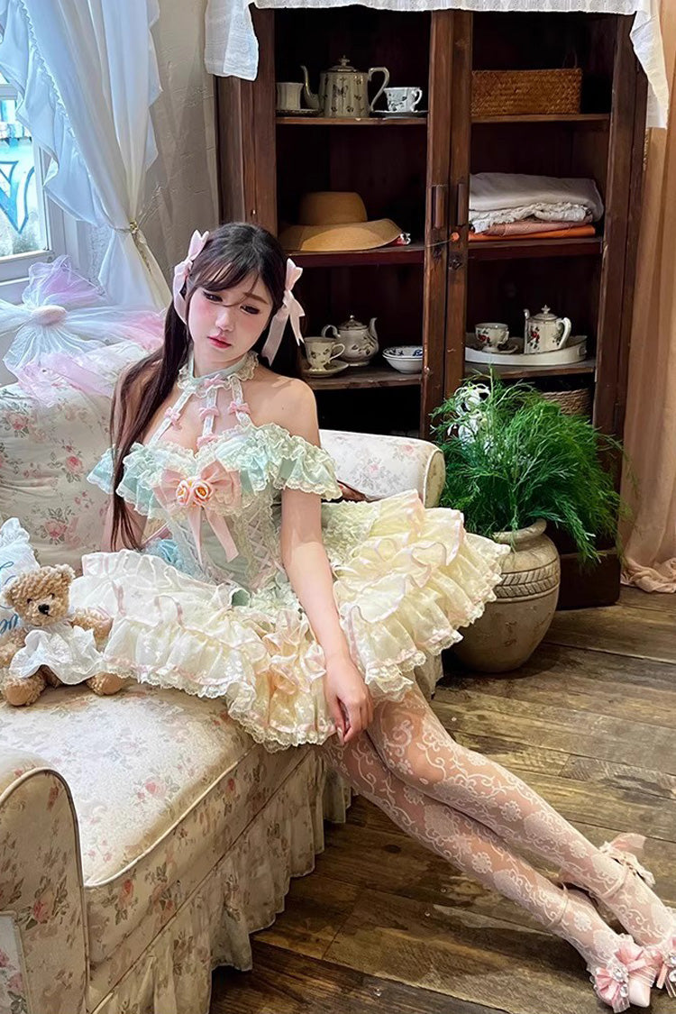 Emerald Halterneck Multi-Layer Ruffle Bow Rose Lace Lace-Up Sweet Ballet Lolita Jumper Dress