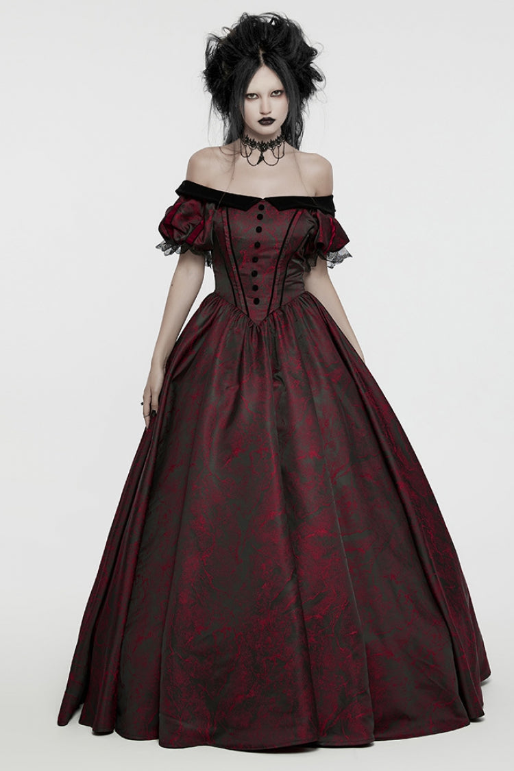 Crimson & Obsidian Short Puff Sleeves Lace-Up Gothic Dress