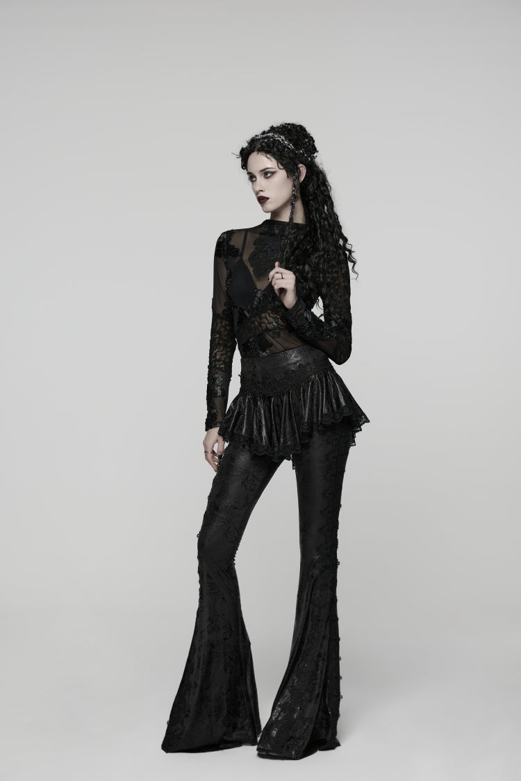 Slim Faux Two-Piece Flared Pants with Lace Accents