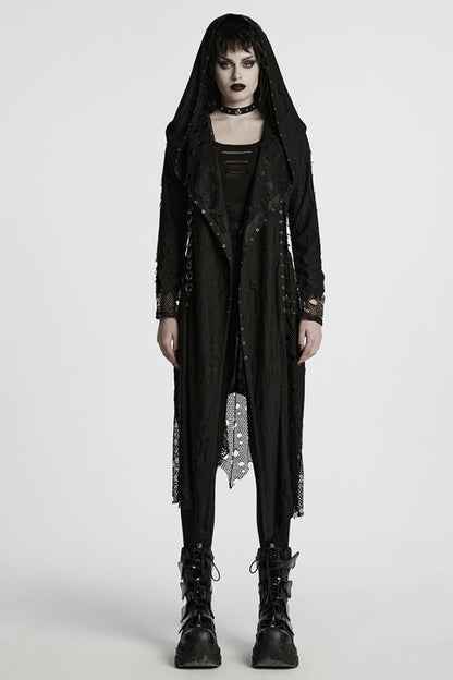 Ebony Long-Sleeve Hooded Sheer Ripped Gothic Coat