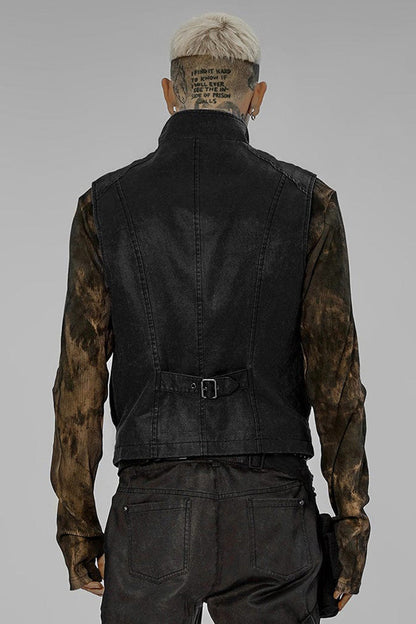 Apocalyptic Skull-Zip Twill Vest with Stand Collar