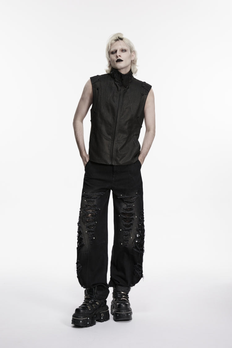Cool Black Punk Vest for Men, Pleated with Studs and Zippers