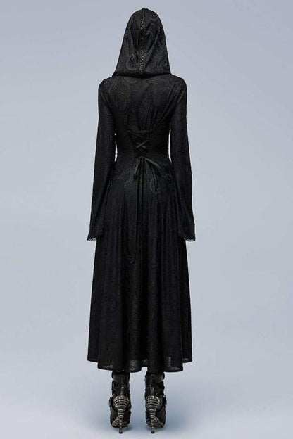 Ebony Flared-Sleeve Sheer Lace Fitted Hooded Gothic Dress