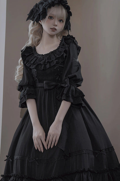 Ebony Short-Sleeve Ruffle Bow Lace-Up Gothic Dress - Good Morning
