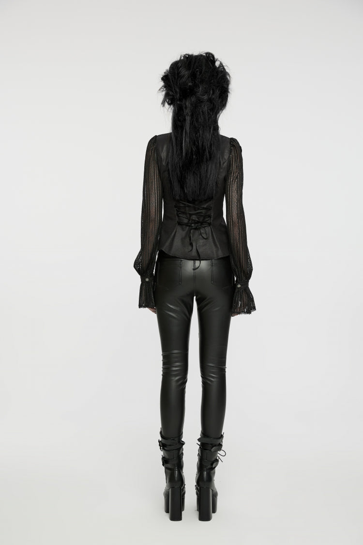 Black Mesh Punk Blouse, High Collar with Stitching for Women
