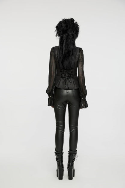 Black Mesh Punk Blouse, High Collar with Stitching for Women