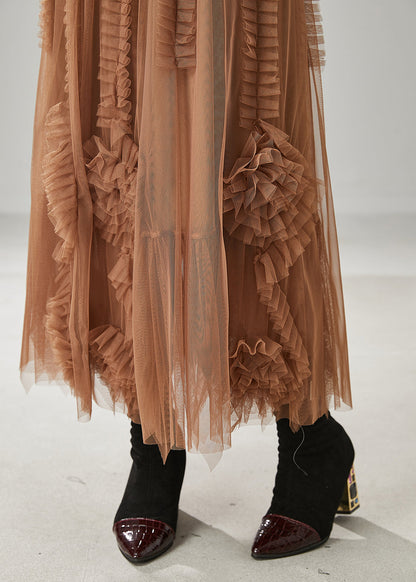 Classy Brown Ruffled Stereoscopic Floral Tulle Skirt Spring TT1016