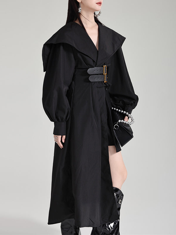 Pleated Black Asymmetric Lapel Waisted Long High Modern Belted