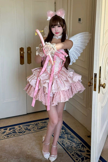 Blush Layered Ruffle Bow Lace-Up Ballerina JSK - Kitten Sweetheart