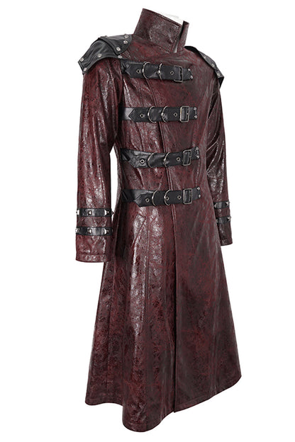 Crimson High-Neck Punk Leather-Look Long Coat with Multiple Buckles