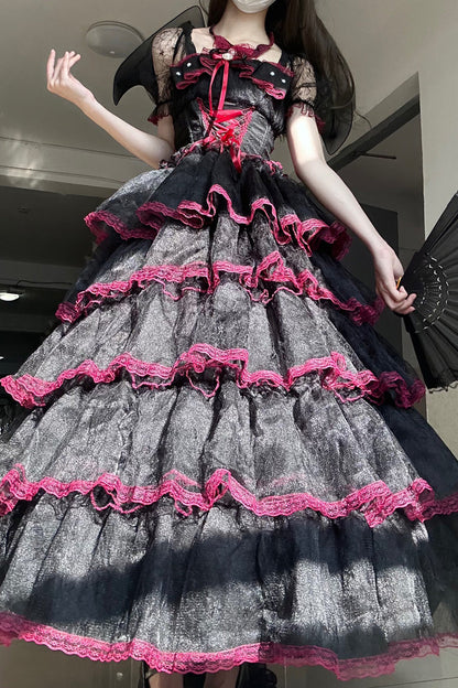 Crimson & Obsidian Short Sleeves Multi-Layered Ruffle Hanayome Bowknot Lace Plus Size Sweet Lolita Dress