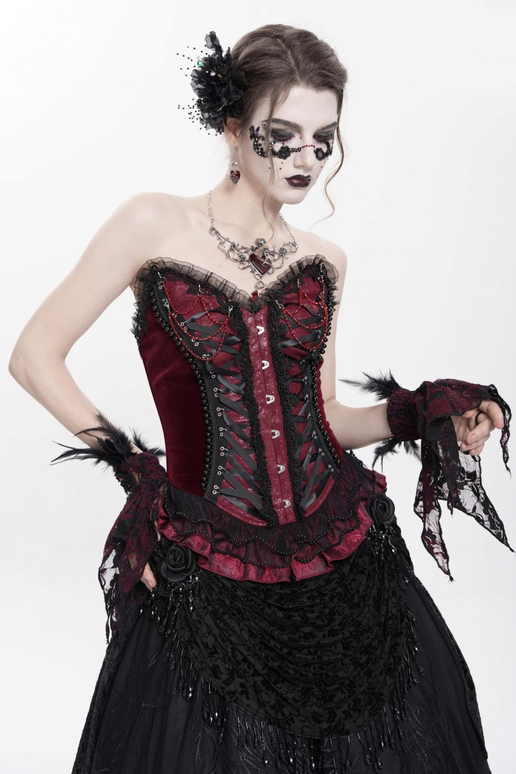 Crimson Gothic Overbust Corset with Beaded Lace and Lace-Up Back