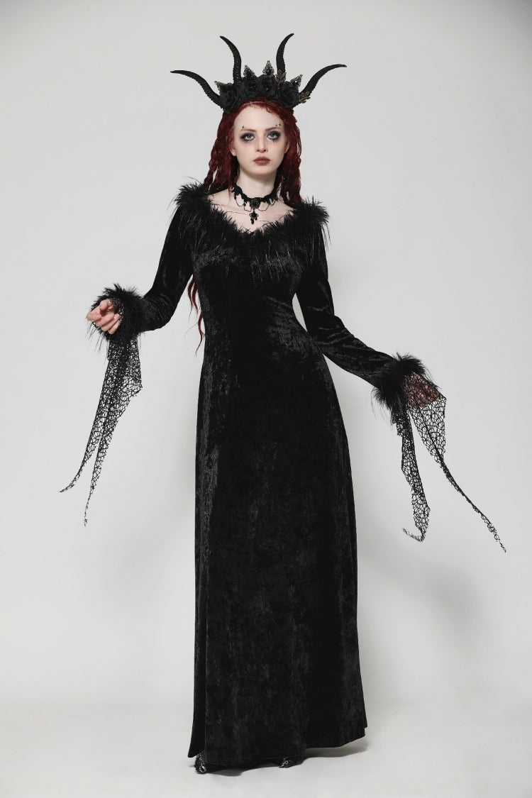 Ebony Long-Sleeve Velvet Lace Gothic Maxi Wedding Gown