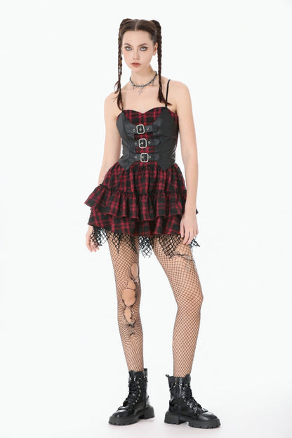 Crimson & Charcoal Tartan Leather Multi-Tier Ruffled Punk Sweetcore Slip Dress