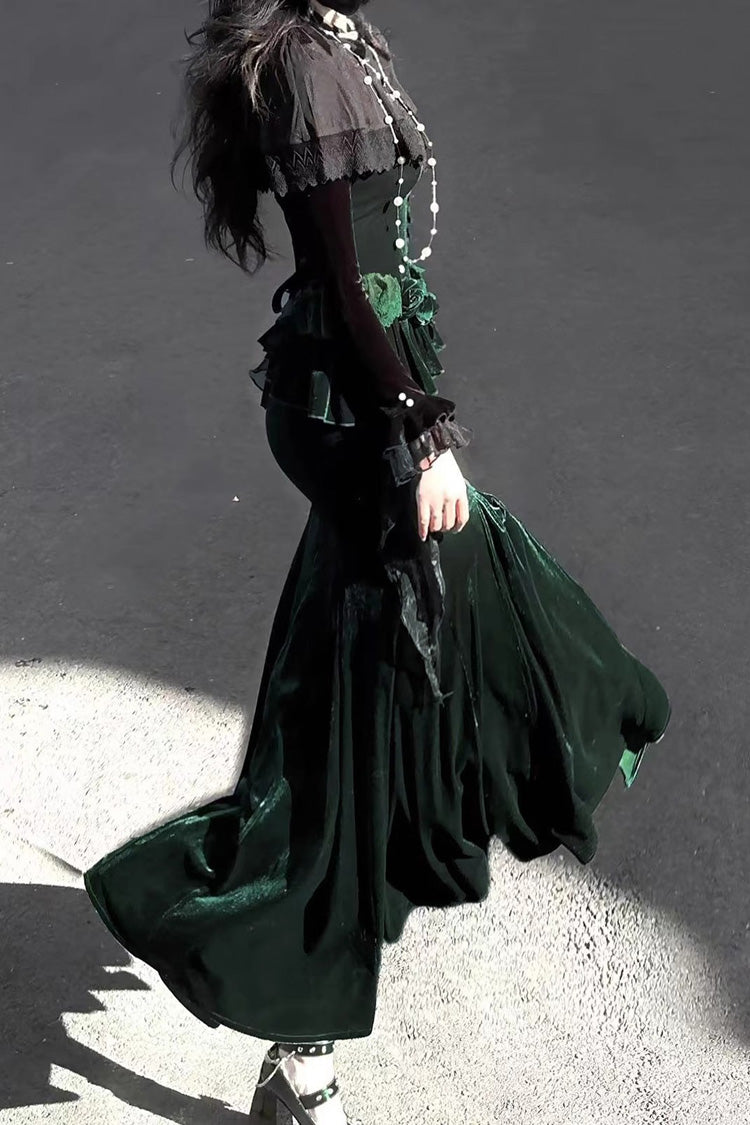 Emerald Ruffle Embroidery Slim Elegant Lolita Jumper Fishtail Gown