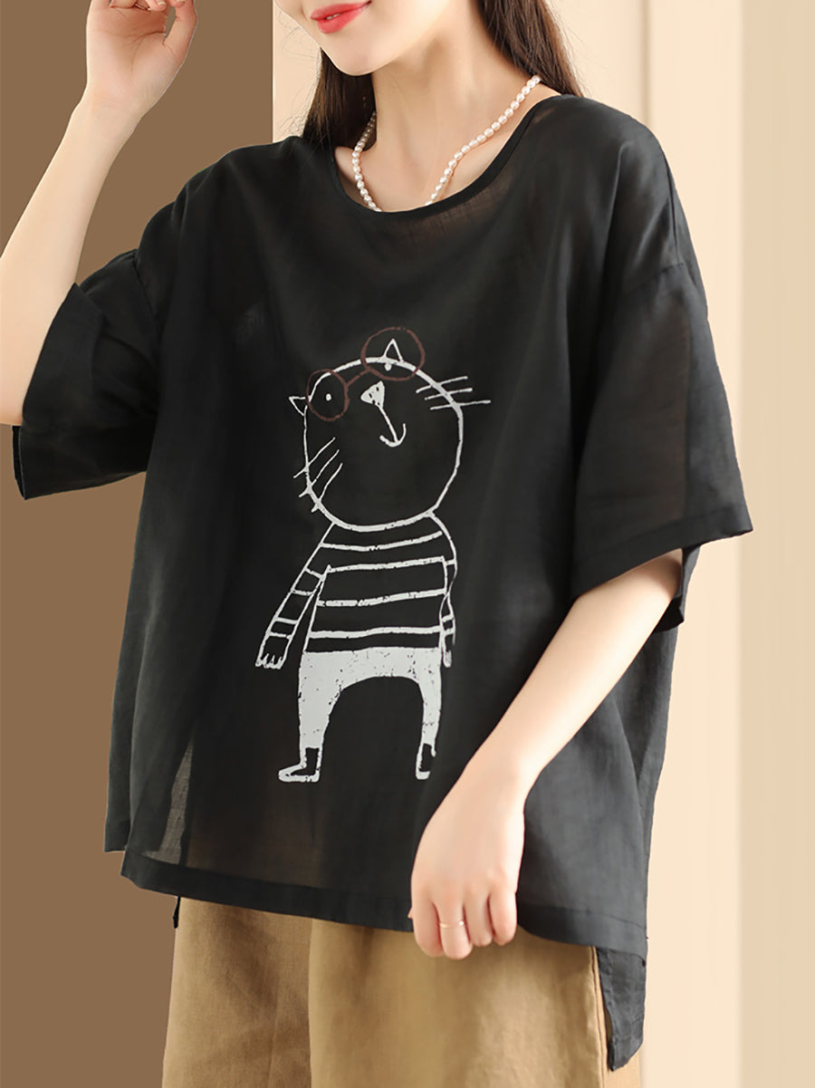 Damen Sommer Pullover aus Ramie mit Cartoon-Katzen-Print OO1034