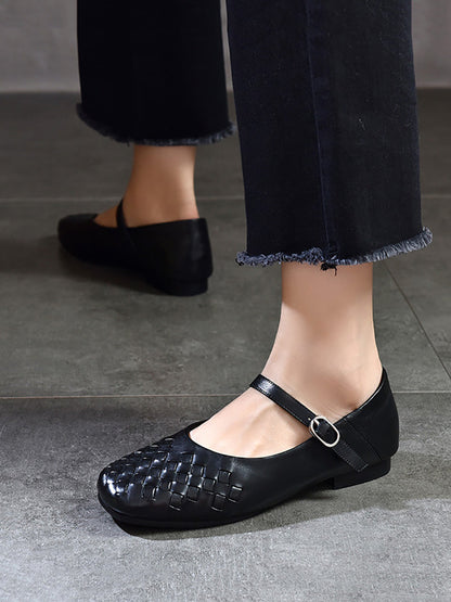 Chaussures d'été décontractées à talons bas en cuir tressé pour femmes LL004