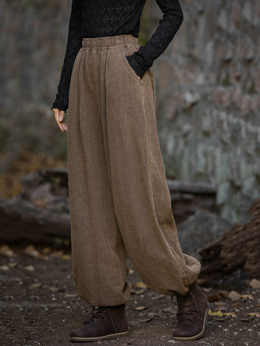 Women Vintage Autumn Solid Loose Ramie Cuffed Pants AT1013