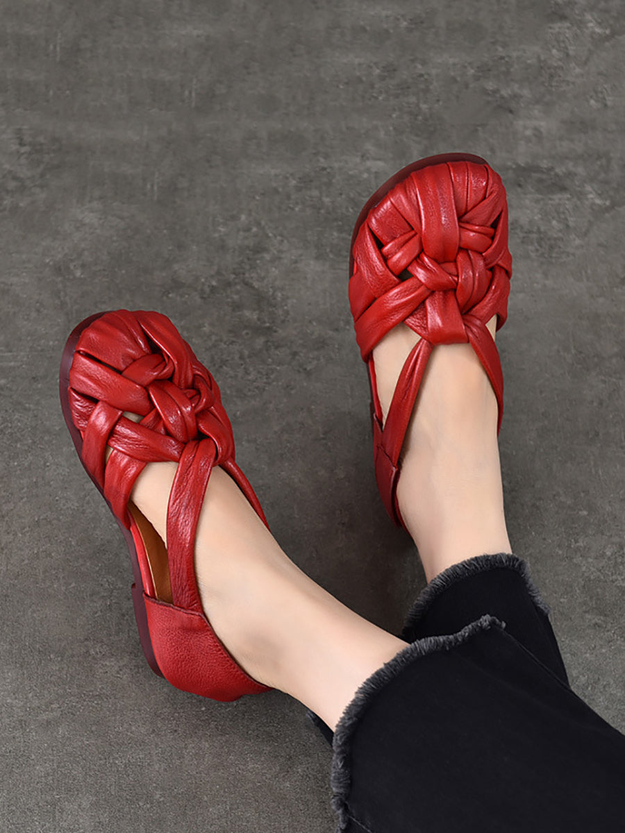 Summer Leather Flat Retro Women Weave Genuine Shoes