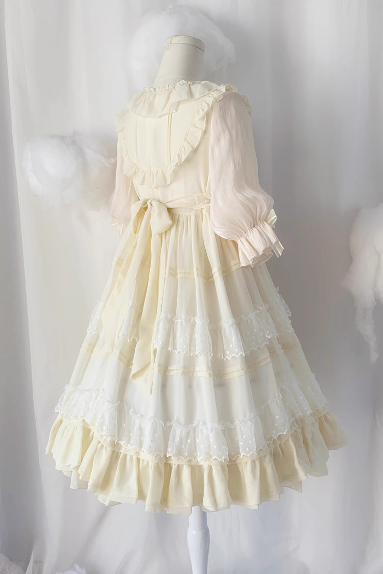 Cool Angel Sweet Lolita Dress with Bowknot, Ruffles & Short Lace Sleeves, Cream