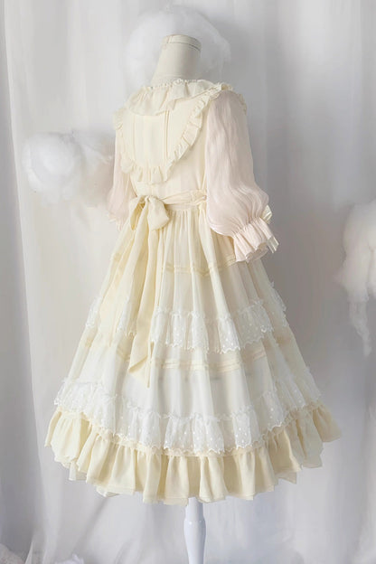 Cool Angel Sweet Lolita Dress with Bowknot, Ruffles & Short Lace Sleeves, Cream