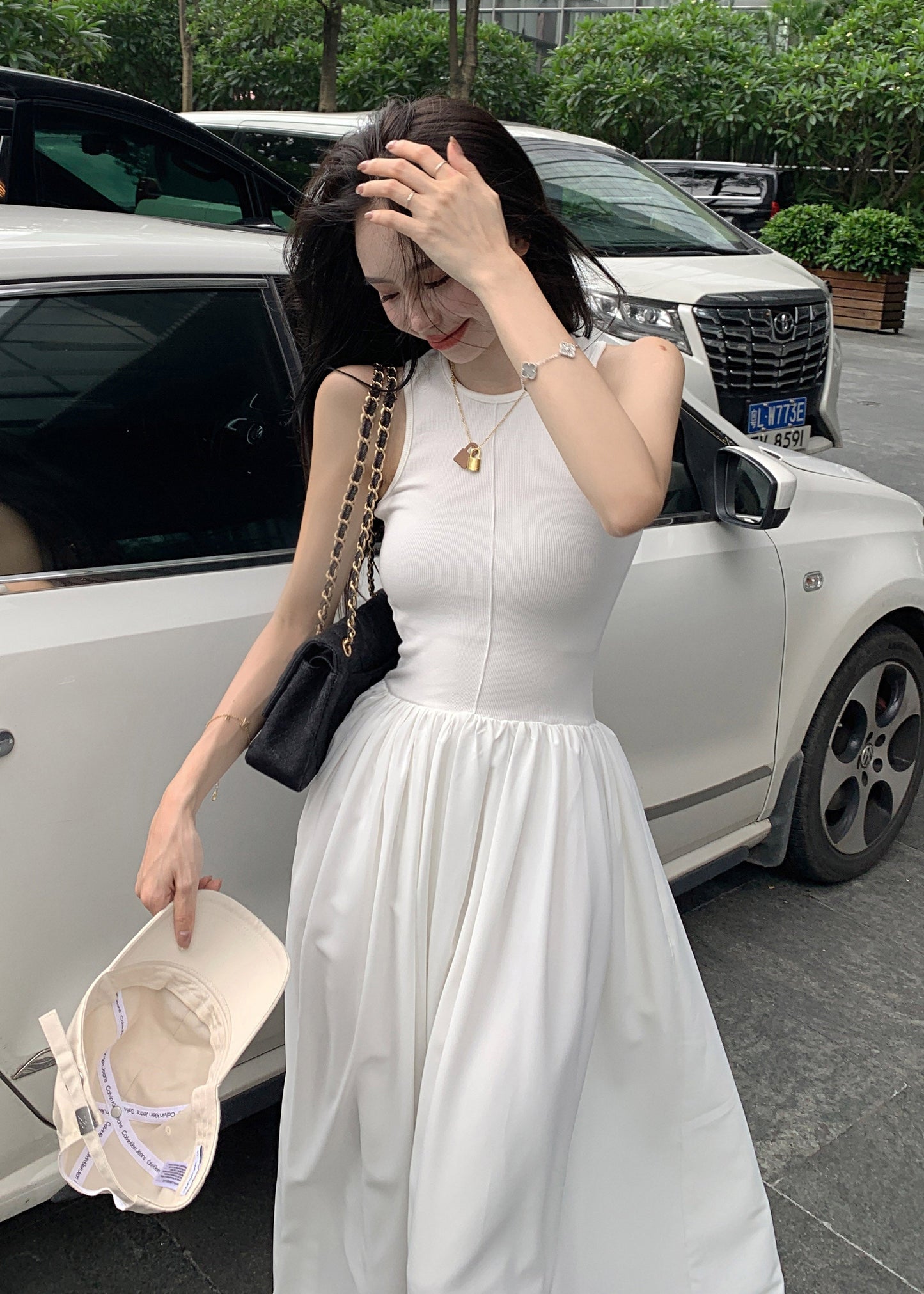 Cotton White Holiday Sleeveless Fit Silm Dress Patchwork