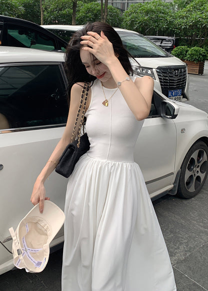 Cotton White Holiday Sleeveless Fit Silm Dress Patchwork