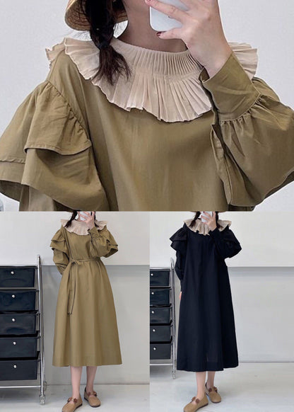 Loose Khaki Ruffled Tie Waist Cotton Dress Long Sleeve NN041